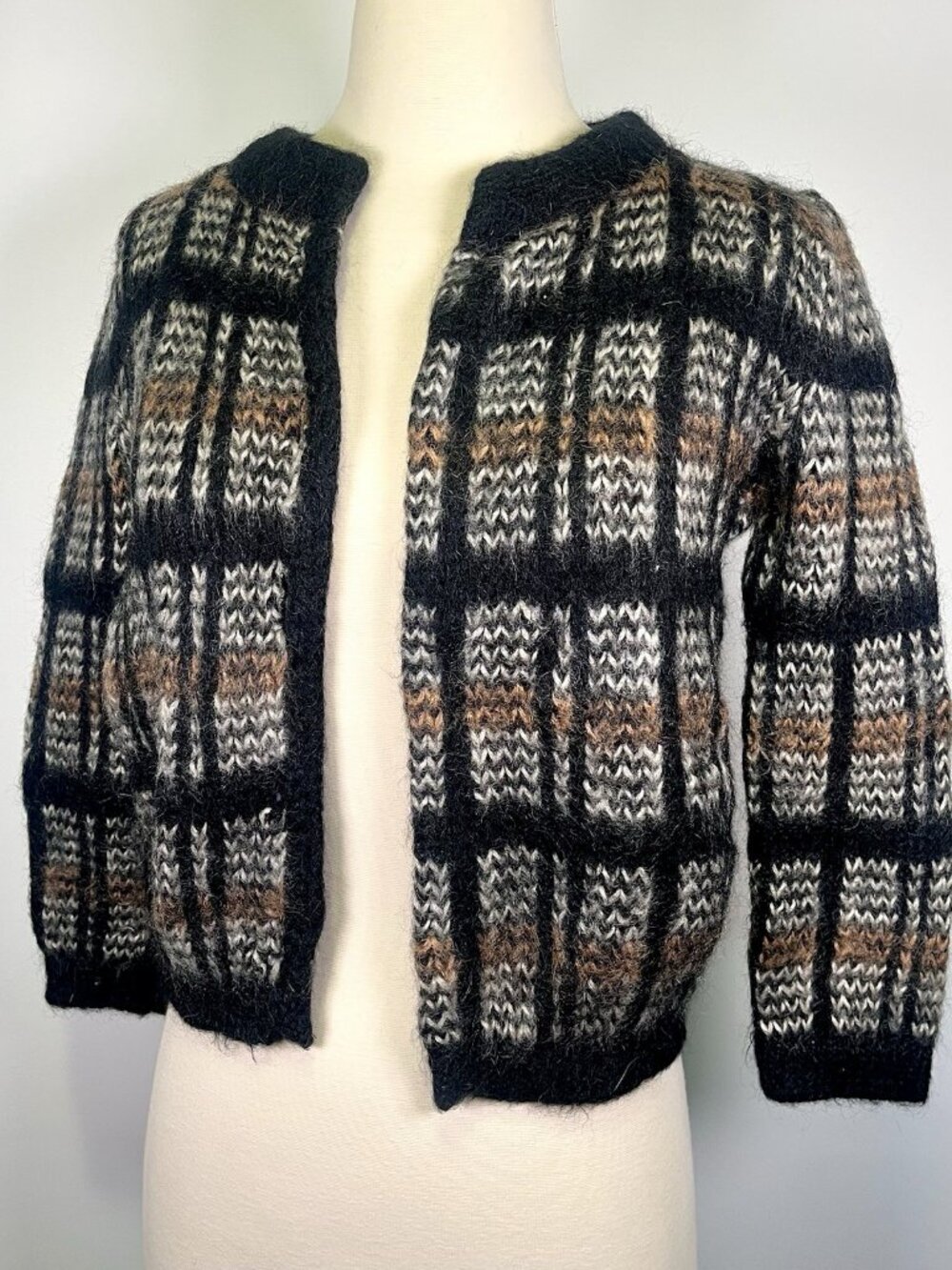 Vintage Jane Irwill mohair blend cropped cardigan fuzzy grunge plaid bolero XS/S